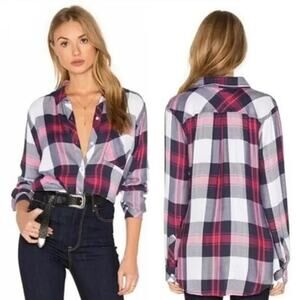 Rails Women's White Indigo Blush Hunter Plaid Long Sleeve Shirt Medium